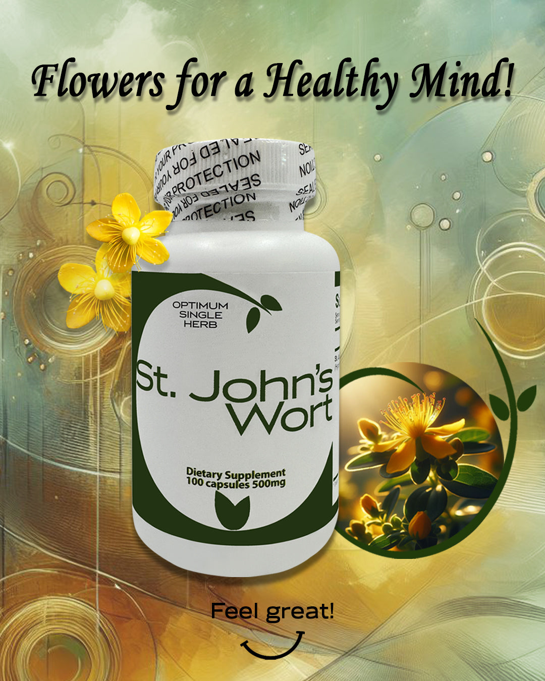 A bottle of 100 St. John's Wort extract capsules, each containing 500mg of pure St. John's Wort extract.