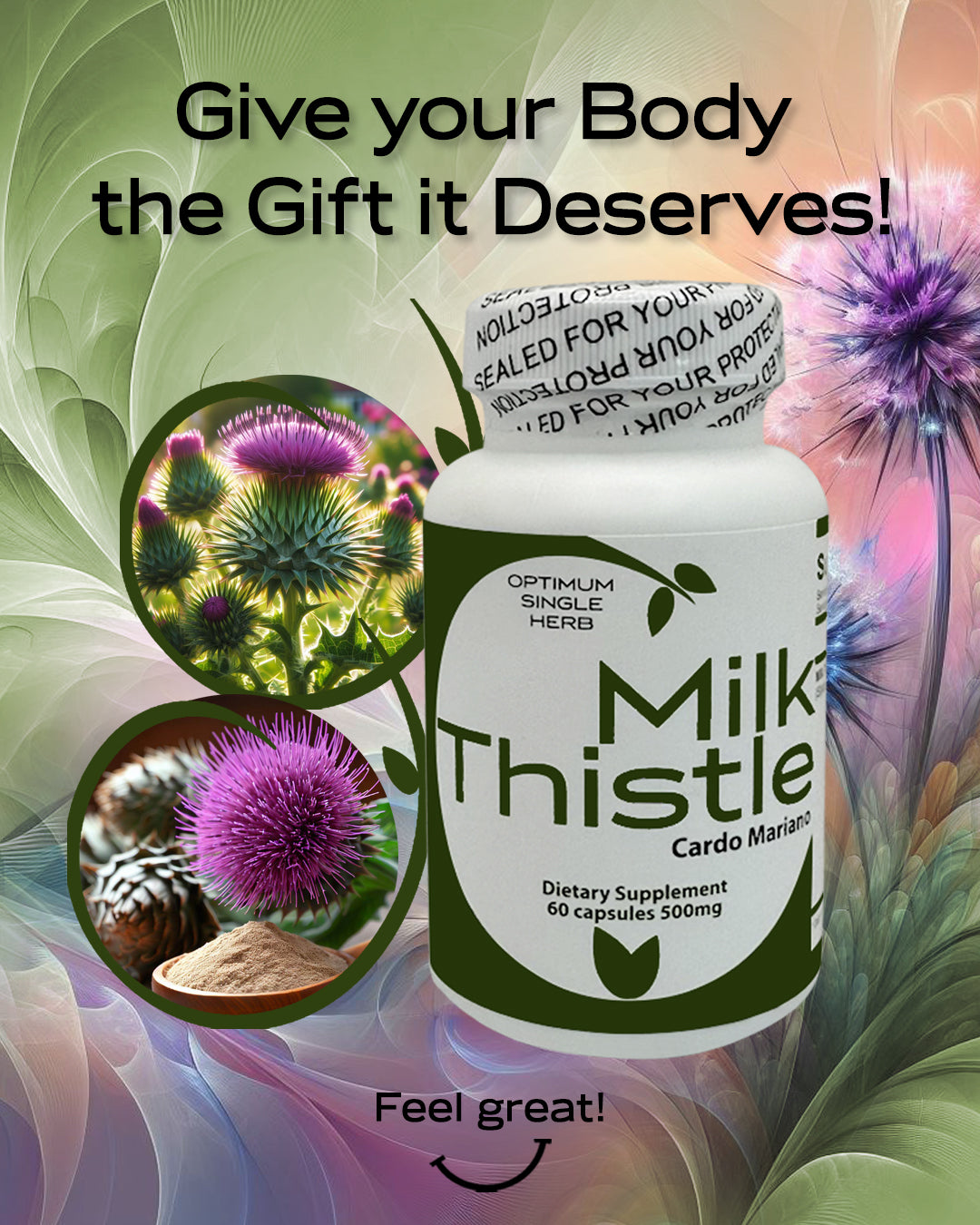 A bottle of 60 Milk Thistle extract capsules, each containing 500mg of pure Milk Thistle extract.