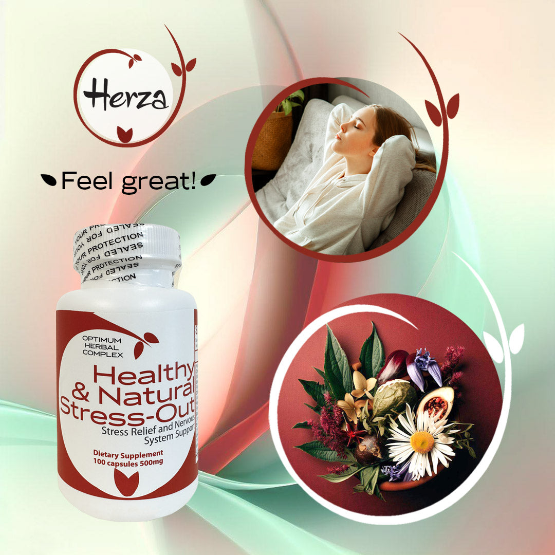 Bottle of Healthy and Natural Stress-out supplement, 100 capsules, featuring calming imagery and herb illustrations