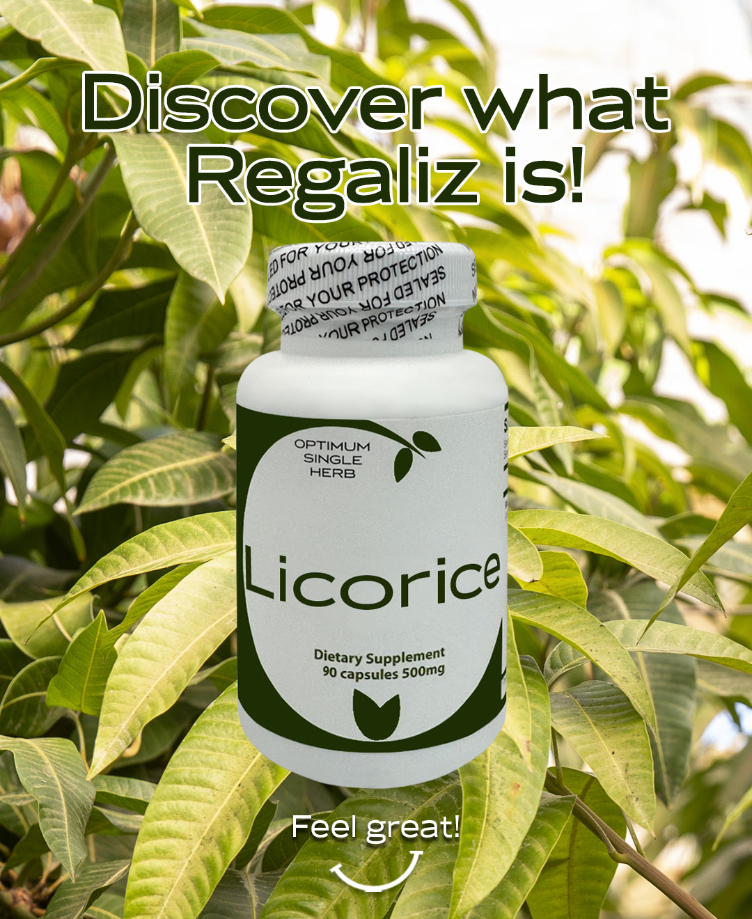 A bottle of 90 Licorice root extract capsules, each containing 500mg of pure Licorice root extract.