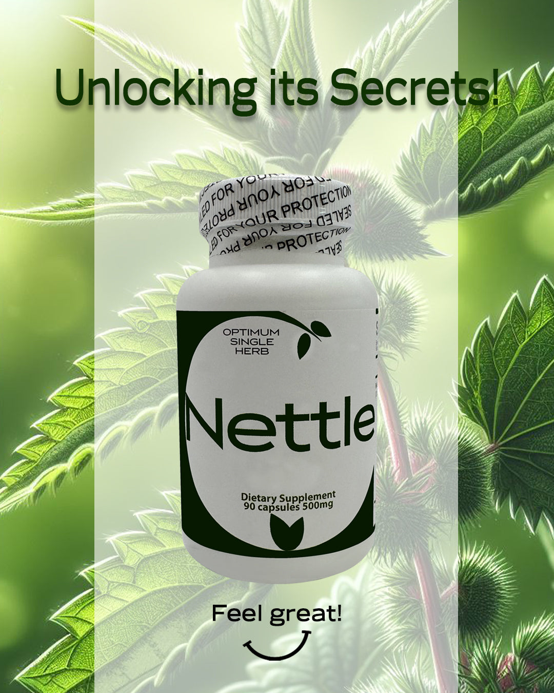 A bottle of 90 Nettle leaf capsules, each containing 500mg of pure Nettle leaf.