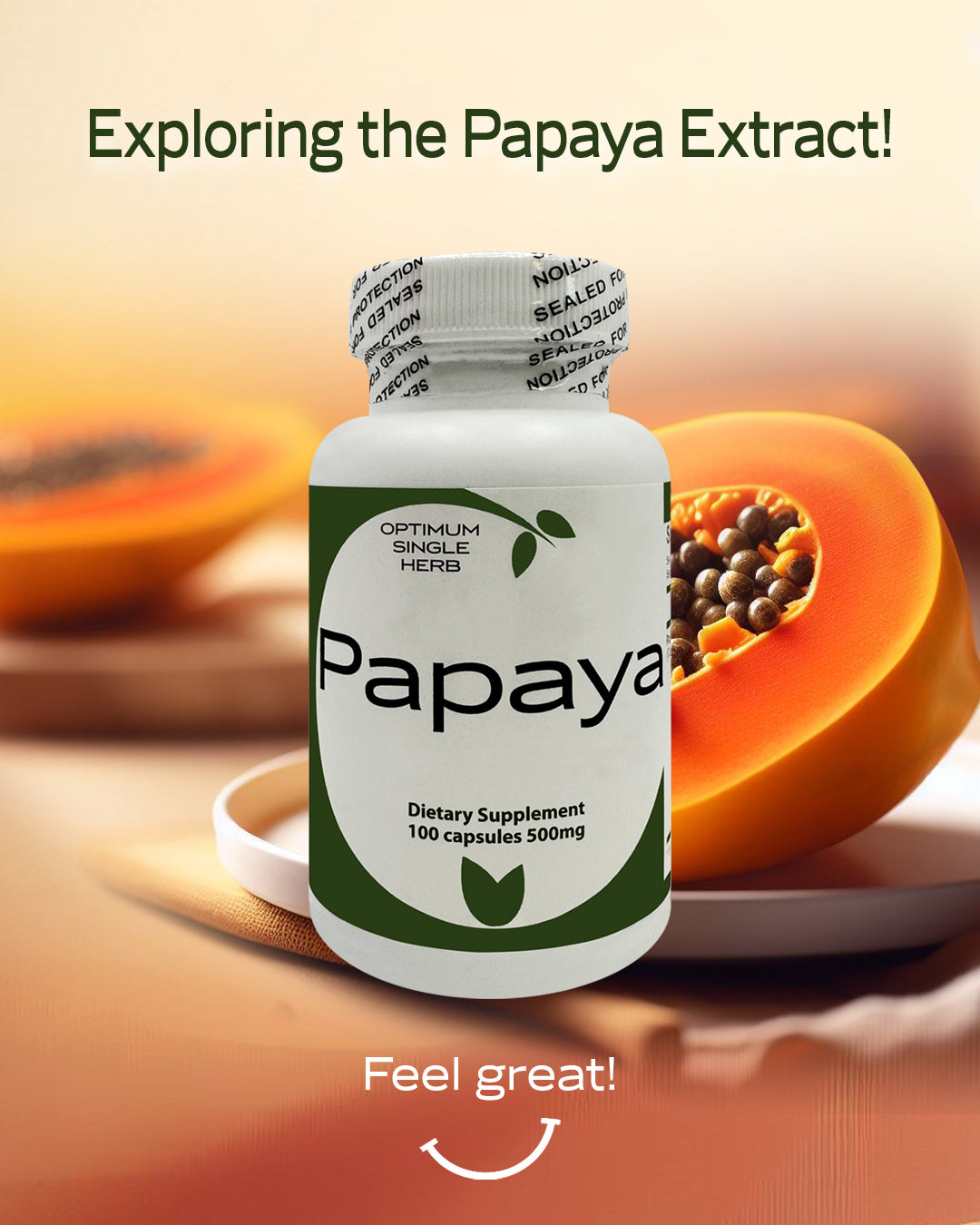 A bottle of 100 Papaya leaf extract capsules, each containing 500mg of pure Papaya leaf extract.