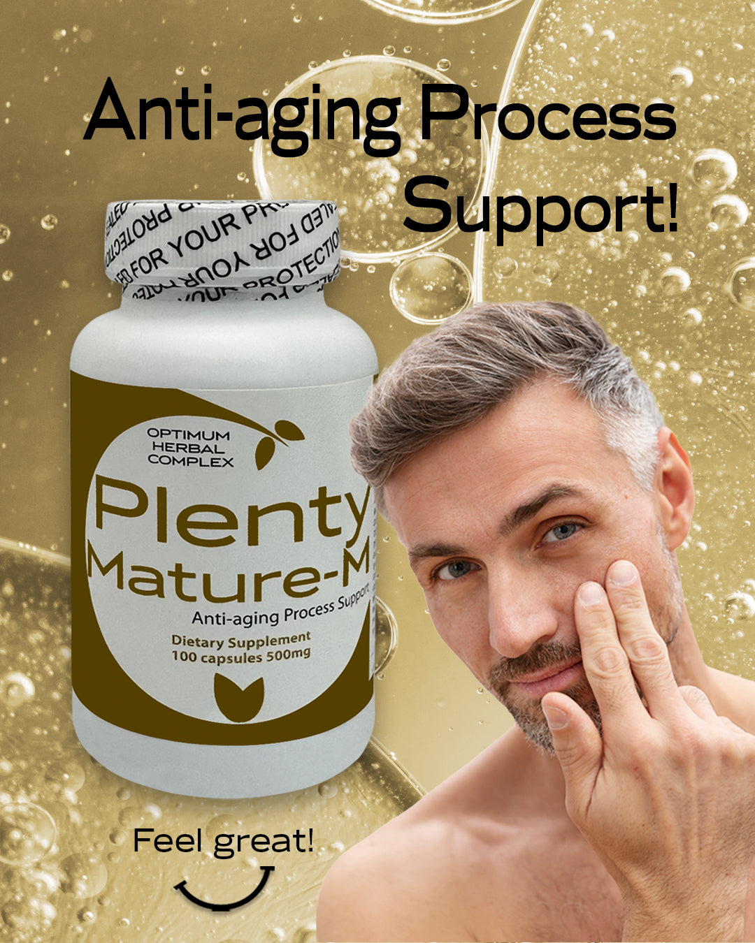 A bottle of Plenty Mature-M, featuring Ashwagandha, Bacopa, Cascara Sagrada, and other natural ingredients