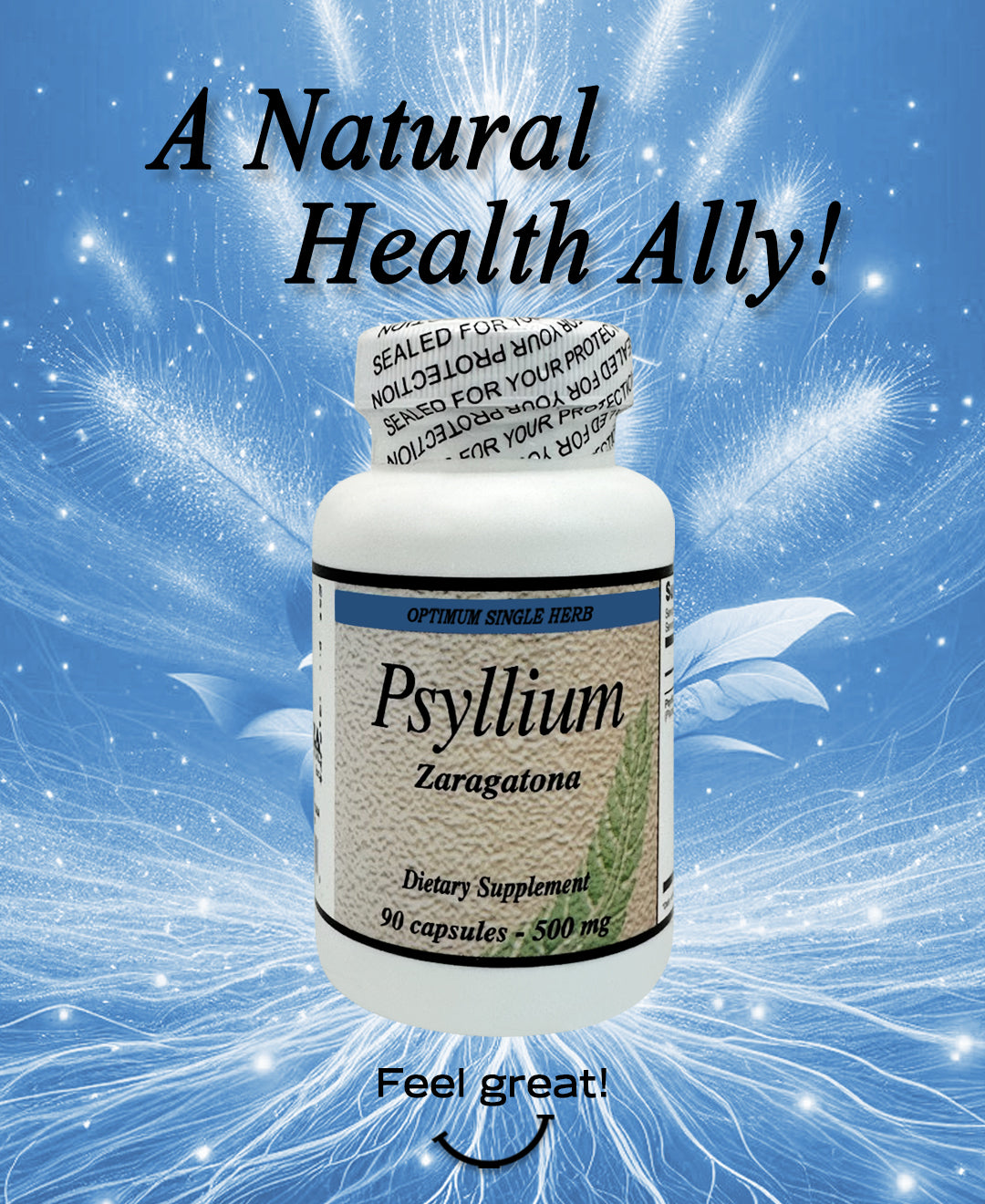 A bottle of Psyllium Husk capsules, labeled with the product name and dosage.