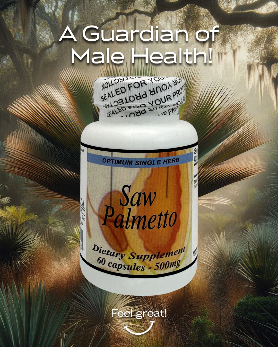 A bottle of 60 Saw Palmetto extract capsules, each containing 500mg of pure Saw Palmetto extract.