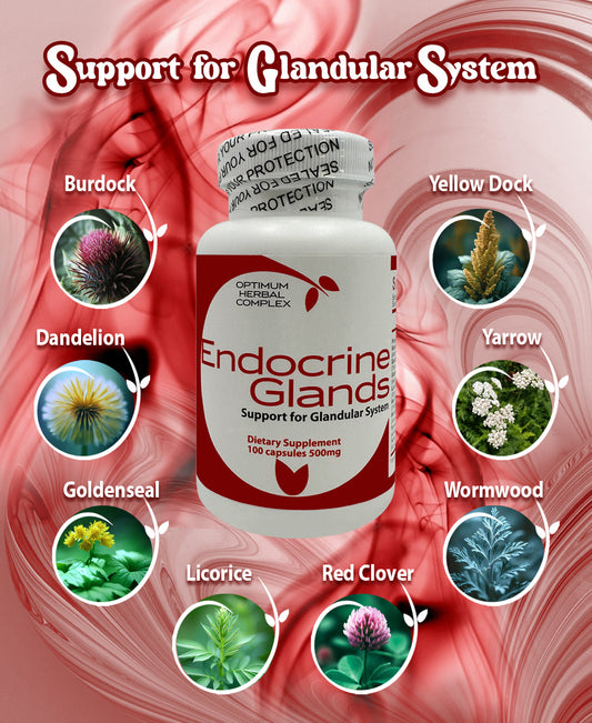 Herbal blend for gland support: goldenseal, wormwood, yarrow, burdock, dandelion, red clover, yellow duck, licorice