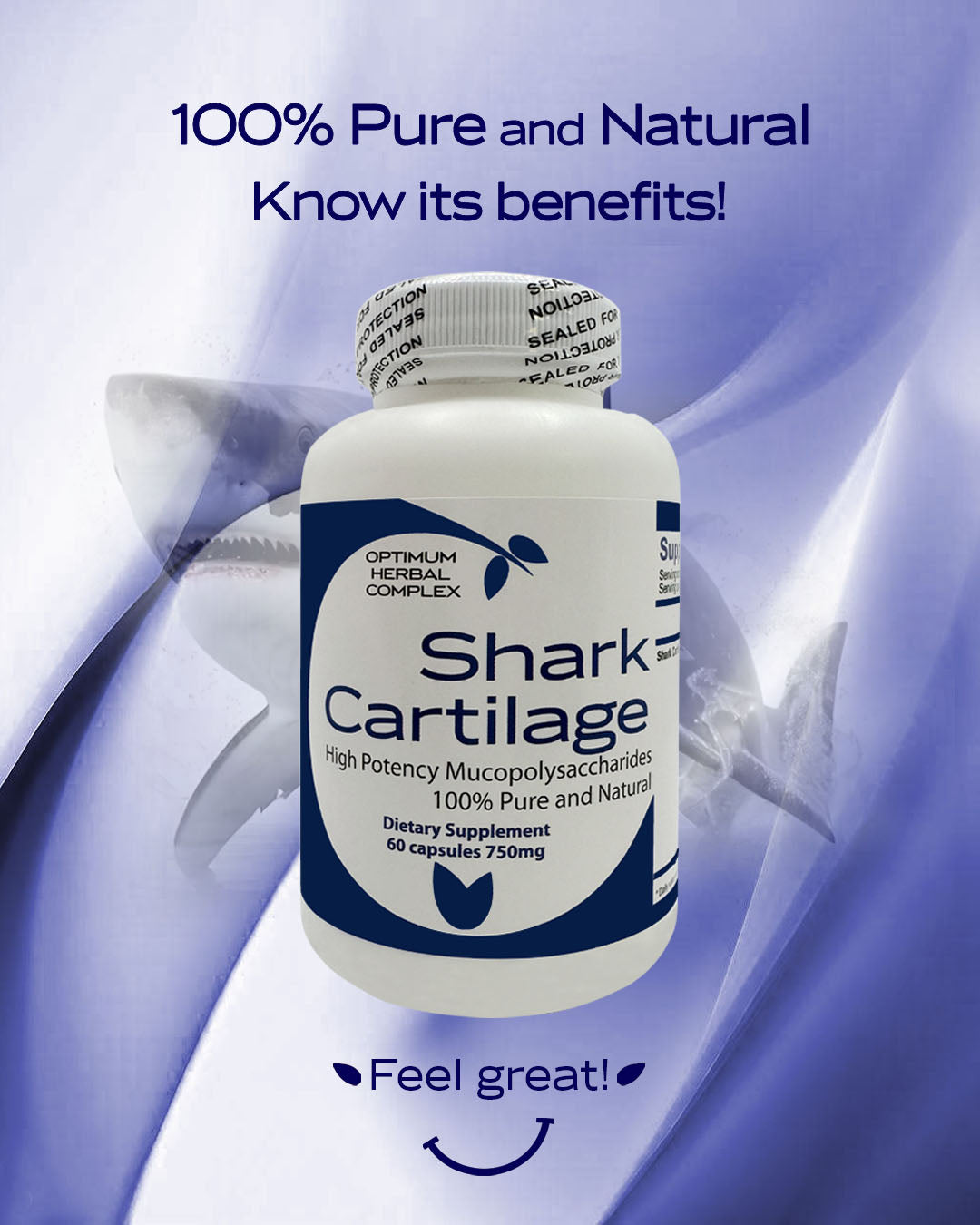 A bottle of 60 Shark Cartilage extract capsules, each containing 750mg of pure Shark Cartilage extract.