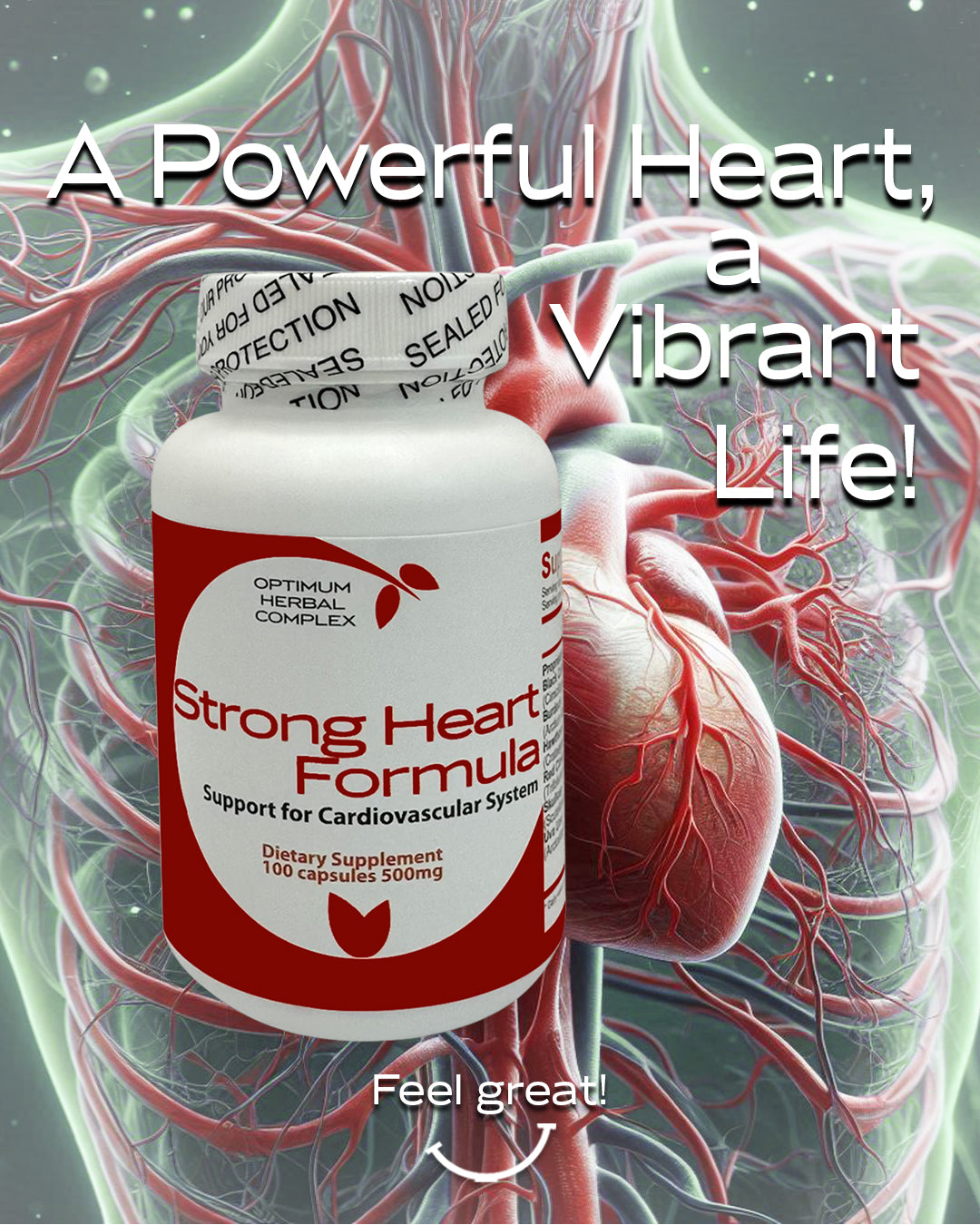 Herbal product in capsules for heart health, featuring hawthorn, black cohosh, burdock, red clover, skullcap, and uva ursi.