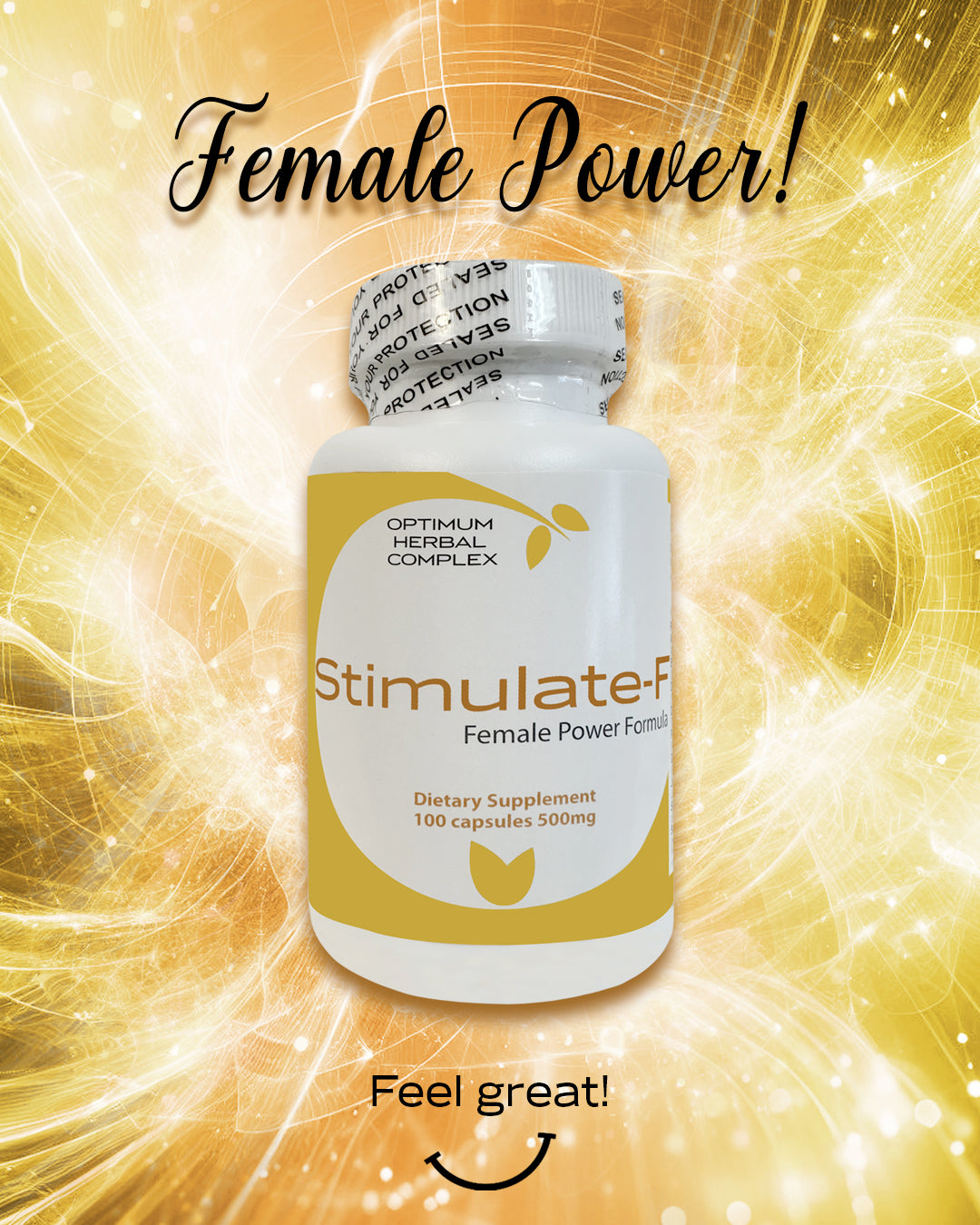 Stimulate-F, a women's vitality supplement featuring Astragalus, Black Cohosh, Damiana, Dandelion, Fo-Ti, Ginkgo Biloba, Juniper, Siberian Ginseng, and St. John's Wort.