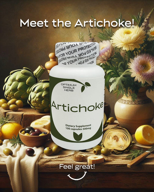 A bottle of 100 artichoke extract capsules, each containing 500mg of pure artichoke.