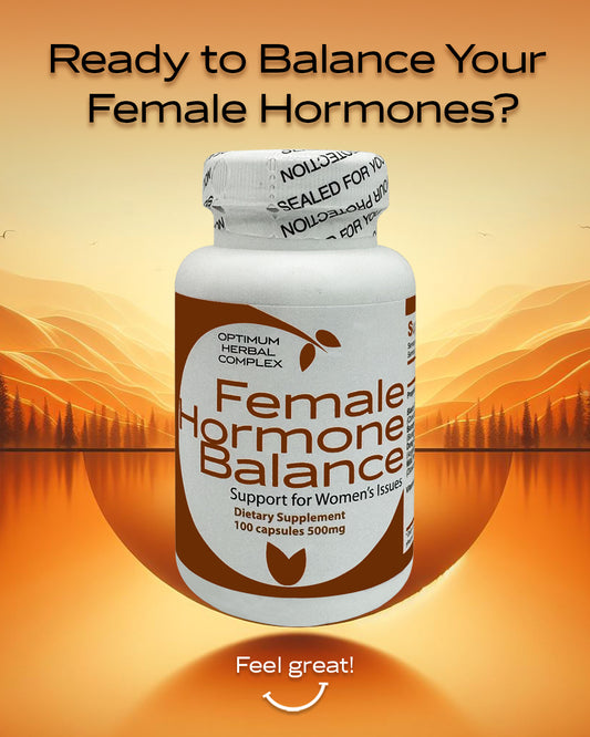 Bottle of Female Hormone Balance Women's Health Blend, 100 capsules, featuring images of herbs used in the formula