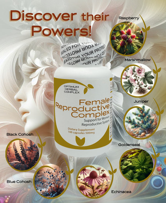 Bottle of Female Reproductive Complex, 100 capsules, with images of the seven herbs included in the formula